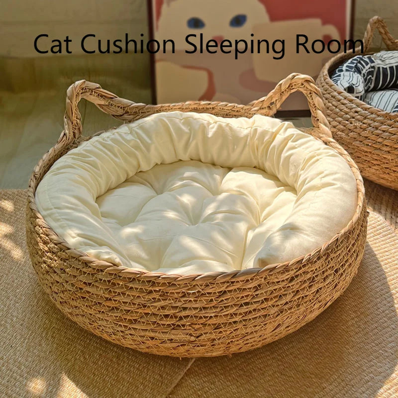 Four Seasons Cat Bed Woven Removable Upholstery Sleeping House Cat Scratch Floor Rattan Washable Cats Pet Products Accessories