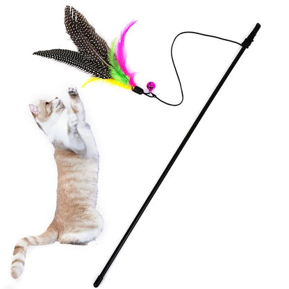 Funny Kitten Cat Teaser Interactive Toy Rod with Bell and Feather Toys for Cats Teaser Interactive Toy Rod Pet Cats Toys Stick